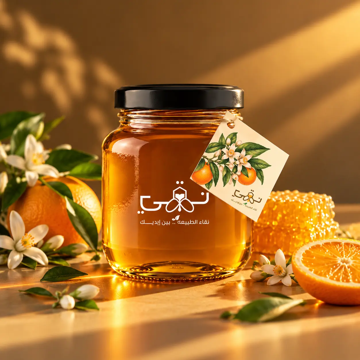 برطمان عسل ذهبي بجوار زهور الموالح